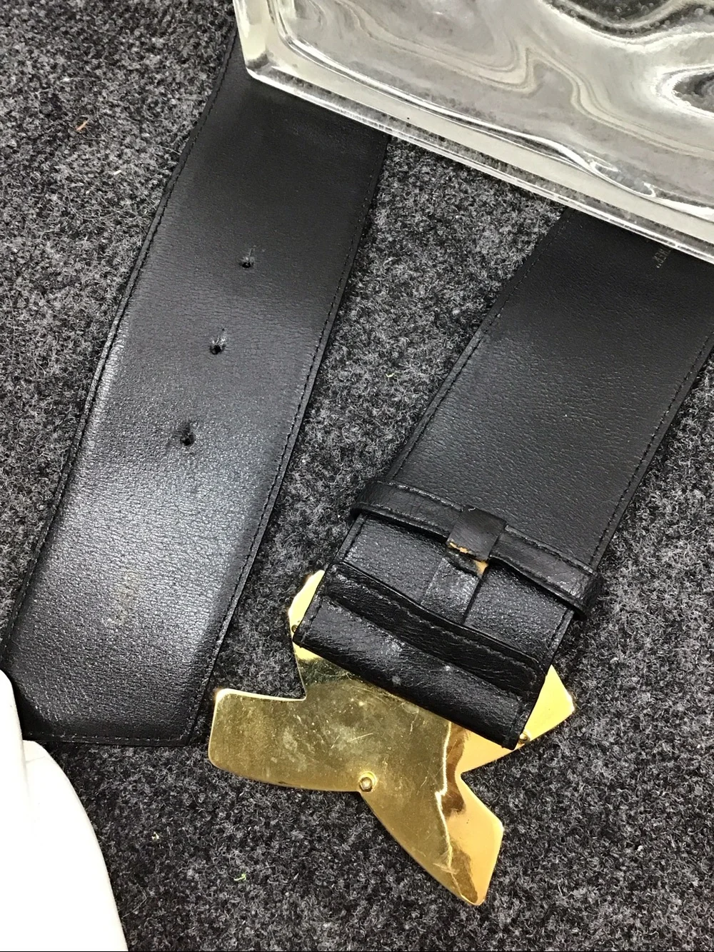 Vintage Paloma Picasso Italy wide black leather belt gold chain X buckle L